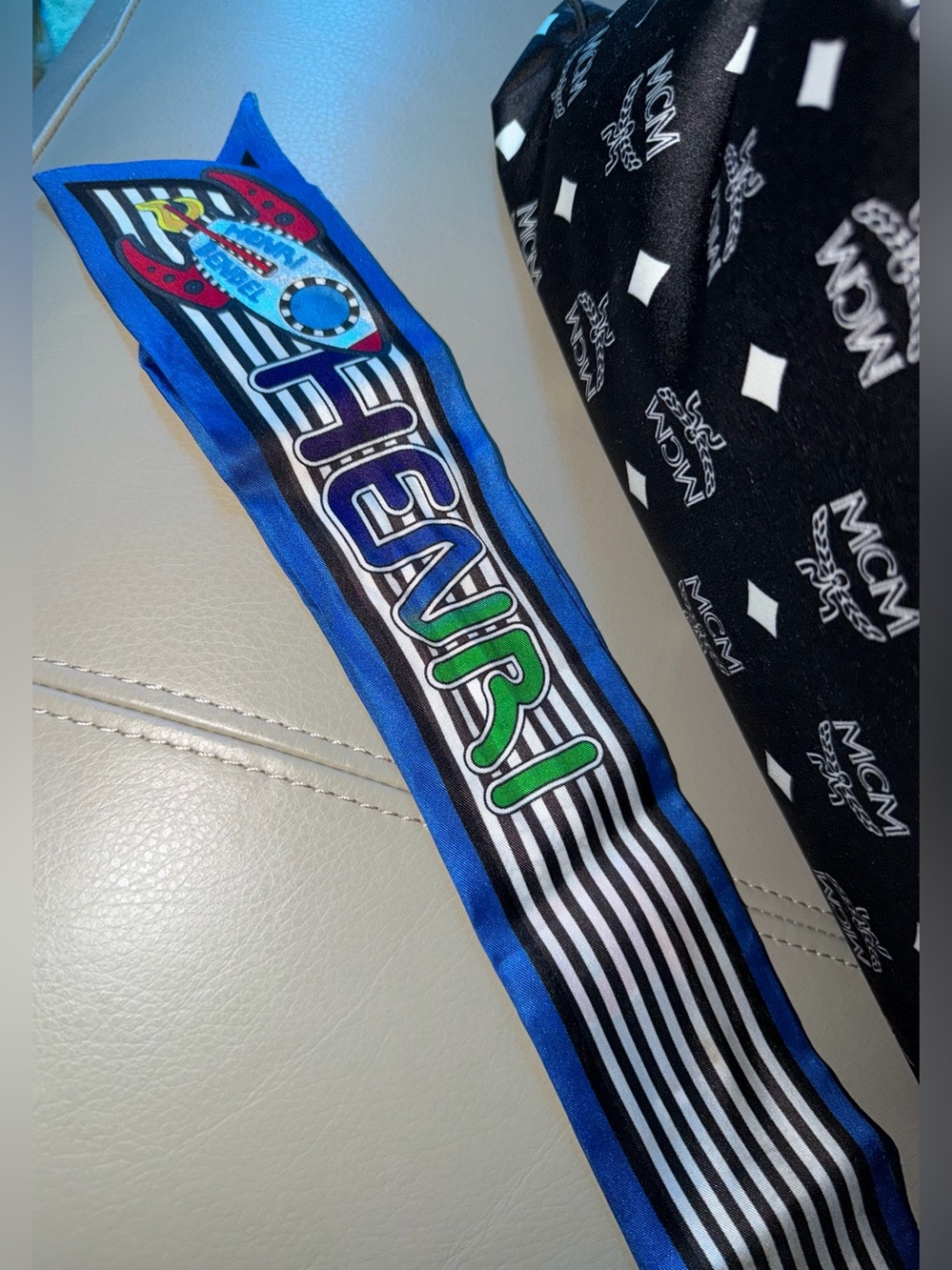 HENRI BENDEL Blue Striped Designer Hair Scarf with Playful Graphic Authentic